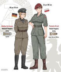  2girls blonde_hair blue_eyes brown_hair east_germany glasses grzegorz1996 highres ludowe_wojsko_polskie military military_uniform monika_(grzegorz1996) multiple_girls nationale_volksarmee original pamela_(grzegorz) poland soldier tomboy 