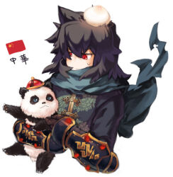  1boy alchemist_(sekaiju) alchemist_1_(sekaiju) animal black_hair blue_eyes chinese_clothes closed_mouth commentary_request dragon_print dumpling food food_on_head gauntlets hair_between_eyes holding holding_animal katabami38 long_hair looking_at_animal looking_down male_focus object_on_head panda people's_republic_of_china_flag red_eyes sekaiju_no_meikyuu sekaiju_no_meikyuu_1 simple_background solo sweatdrop translation_request upper_body white_background 