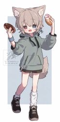  1girl :d animal_ear_fluff animal_ears asymmetrical_legwear black_shoes black_shorts blue_eyes brown_hair chocolate_donut commentary_request doughnut food fox_ears fox_girl fox_tail full_body green_hoodie hands_up heterochromia holding holding_donut holding_food hood hood_down hoodie illunetta looking_at_viewer open_mouth original pink_eyes shoes short_hair shorts smile socks solo standing sweatband tail uneven_legwear white_socks wristband 