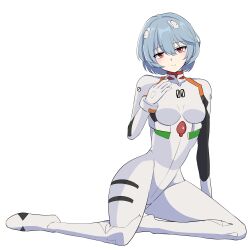  1girl absurdres ayanami_rei blue_hair blush bodysuit closed_mouth commentary_request gloves hair_ornament hairclip highres jburtenmm26 looking_at_viewer mecha_pilot_suit neon_genesis_evangelion plugsuit_(evangelion) red_eyes shoes solo white_background white_bodysuit white_gloves white_shoes 