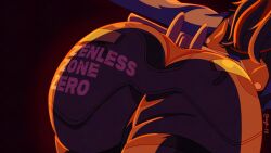  1girl ass ass_focus belt black_belt black_hair black_pants bleach bleach:_sennen_kessen-hen blue_suit copyright_name dynamic_pose english_text from_behind highres huge_ass mature_female multicolored_hair pants police police_uniform ponytail red_hair scene_reference suit thick_thighs thighs wgh18 wide_hips zenless_zone_zero zhu_yuan 