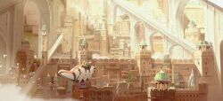  1boy 1girl aang absurdres appa avatar_aang:_the_last_airbender avatar_legends aymeric_kevin bird bison canal city commentary concept_art english_commentary flying_animal fog highres horns katara saddle sokka 