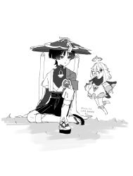  1boy 1girl arm_at_side arms_at_sides belt blunt_ends bodysuit bow choppy_bangs closed_eyes commentary_request diamond_hair_ornament eyelashes facing_another floating full_body furisode gem genshin_impact greyscale hair_ornament hakama hakama_shorts halo hand_on_own_knee happy hat highres japanese_clothes jingasa juban kimono knee_up leg_warmers levitation light_blush long_sleeves looking_at_another mandarin_collar mechanical_halo medium_hair monochrome oden067 open_clothes open_kimono open_mouth paimon_(genshin_impact) parted_lips pleated_shorts romper rope sandals sash scaramouche_(genshin_impact) short_sleeves shorts shoulder_peek side_cape sitting toeless_legwear tsurime twitter_username vision_(genshin_impact) wanderer_(genshin_impact) watermark white_background zouri 