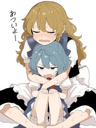  2girls barefoot blonde_hair bloomers blue_eyes blue_hair bow cirno closed_eyes commentary_request hair_bow highres hot hug hug_from_behind indian_style kapuri_(capuriwa) kirisame_marisa long_hair medium_hair multiple_girls mundane_utility redrawn sitting sitting_on_lap sitting_on_person sweat touhou translated white_background 
