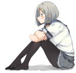  &gt;:t 1girl :t bangs black_legwear blush breasts closed_mouth from_side grey_hair grey_skirt hair_ornament hairclip hamakaze_(kantai_collection) highres kantai_collection kei_(soundcross) large_breasts leg_hug looking_at_viewer pantyhose pleated_skirt pout profile school_uniform serafuku short_hair simple_background sitting skirt solo tears white_background 