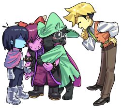  1girl 1other 2boys animal_hands black_fur blonde_hair blue_hair blue_skin boots bow bracelet brown_pants cloak closed_eyes clothes_grab collared_shirt colored_sclera colored_skin deltarune flowery_(deltarune) from_side furry glasses green_cloak green_hat hair_bow hand_on_own_chin hat height_difference highres hug jewelry kris_(dark_world)_(deltarune) kris_(deltarune) leaning_forward long_sleeves medium_hair multiple_boys pants posui0_0 purple_hair purple_pants purple_scarf purple_shirt purple_skin ralsei ralsei_(hat) red_bow round_eyewear scarf shaded_face shirt side_part simple_background spiked_bracelet spikes susie_(dark_world)_(deltarune) susie_(deltarune) sweatdrop undercut utdr_(toby_fox) vest white_background white_shirt wizard_hat yellow_sclera yellow_skin 