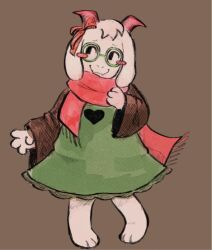  1boy animal_feet animal_hands black_eyes black_sleeves blush_stickers deltarune english_commentary fang fangs furry furry_male glasses goat_boy green-framed_eyewear green_robe horns long_sleeves looking_to_the_side pink_horns pink_ribbon pink_scarf ralsei ribbon robe round_eyewear scarf simple_background skin_fang smile solo strawoa utdr_(toby_fox) white_fur 