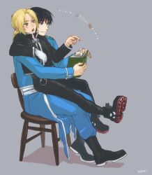  2boys ahoge amestris_military_uniform anna_kotori black_boots black_hair black_jacket black_pants blonde_hair blue_jacket blue_pants book boots chair closed_mouth commentary_request curtained_hair edward_elric from_side full_body fullmetal_alchemist highres holding holding_book jacket male_focus multiple_boys on_chair pants roy_mustang sitting sitting_on_lap sitting_on_person 
