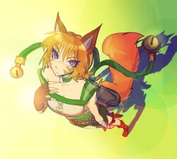  1girl animal_ears bell belt cat_ears cat_girl cat_tail choker claws closed_mouth collar commentary eyelashes facepaint facial_mark fire_emblem fire_emblem:_path_of_radiance fire_emblem:_radiant_dawn fluffy_tail green_choker green_collar green_shorts hair_between_eyes hand_guard highres laguz_(fire_emblem) lethe_(fire_emblem) looking_at_viewer o-ring o-ring_belt orange_hair orange_tail pouch shadow shorts side_slit side_slit_shorts solo standing tail tonicsky violet_eyes whisker_markings wrist_wrap 