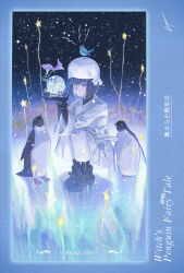  1girl animal animal_on_head bird bird_on_head black_boots black_gloves black_hair blue_bird blue_eyes blue_theme bob_cut boots border character_name coat copyright_name flower gloves hat high_heel_boots high_heels highres holding ice jewelry kuonji_alice long_sleeves lost_robin_rondo lryen mahou_tsukai_no_yoru necklace night on_head on_ice pearl_necklace penguin short_hair signature sky snow_globe solo squatting star_(sky) star_(symbol) starry_sky turtleneck white_coat white_hat 