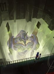  1boy 1girl black_pants black_shoes black_skirt brown_hair catwalk_(walkway) doodoopi4 eva_01 evangelion_(mecha) hangar highres ikari_shinji indoors jacket katsuragi_misato liquid long_hair mecha mecha_focus neon_genesis_evangelion pants purple_hair railing red_jacket robot shirt shoes short_hair short_sleeves skirt standing white_shirt 
