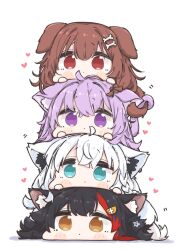  4girls ahoge animal_ear_fluff animal_ears aqua_eyes black_hair blush_stickers bone_hair_ornament brown_eyes brown_hair cat_ears cat_girl cat_tail chibi dog_ears dog_girl dog_tail fox_ears fox_girl fox_tail hair_ornament heart hololive hololive_gamers inugami_korone multicolored_hair multiple_girls nekomata_okayu ookami_mio purple_hair red_streaks shirakami_fubuki simple_background stack streaked_hair suzunoki_t tail violet_eyes virtual_youtuber white_background white_hair wolf_ears wolf_girl yellow_eyes 