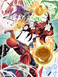  3boys absurdres aircraft arm_blade bodysuit bomb carnage_(marvel) claws cloak english_commentary explosive fighting glider green_goblin highres hood hooded_cloak iban_coello long_tongue marvel marvel_tokon:_fighting_souls mask multiple_boys official_art purple_cloak sharp_teeth spider-man spider-man_(series) superhero_costume symbiote teeth tongue weapon 
