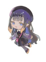  1girl :d absurdres alternate_costume bag beret black_dress black_hair black_hairband black_hat black_ribbon blue_eyes center-flap_bangs chibi chibi_only collared_shirt diamond_hairband dress dress_over_shirt full_body gradient_hair grey_pantyhose hairband hat highres hololive hololive_english leg_up long_hair long_sleeves looking_at_viewer multicolored_hair neck_ribbon ninomae_ina'nis orange_hair orange_shoes pantyhose pink_bag pointy_ears puffy_long_sleeves puffy_sleeves ribbon rimu_(ringokurimu) shirt shoes short_dress shoulder_bag sidelocks simple_background smile solo tentacle_hair very_long_hair white_background white_shirt 