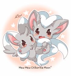  blush brown_eyes cinccino closed_mouth commentary english_text evolutionary_line fang grey_fur looking_at_viewer mew_mew_chikorita_moon minccino no_humans open_mouth pawpads pokemon pokemon_(creature) signature smile star_(symbol) 