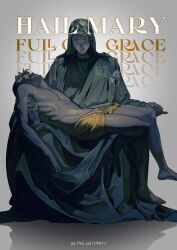  1boy absurdres artist_name beard beard_stubble black_robe blonde_hair carrying carrying_person facial_hair highres hooded_robe jnk_cd male_focus messy_hair project_hail_mary robe ryland_grace signature solo stubble topless_male twitter_username underwear 