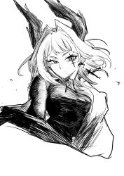  1girl arknights bodystocking closed_mouth cross cross_earrings cross_scar earrings greyscale hair_intakes head_wings highres irene_(arknights) irene_(the_adjudicatrix_and_her_resolve)_(arknights) jewelry large_head_wings long_sleeves mattun_8230 medium_hair monochrome scar scar_across_eye scar_on_face simple_background sketch solo upper_body white_background wings 