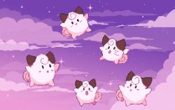  animal_focus clefairy clouds commentary english_commentary full_body lowres no_humans outdoors panicpuppy pastel_colors pixel_art pokemon pokemon_(creature) pokemon_focus purple_sky purple_theme sky space sparkle star_(sky) yume_kawaii 