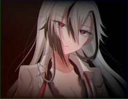  arlecchino_(genshin_impact) arlecchino_(the_final_gift)_(genshin_impact) black_hair breasts genshin_impact highres kuronekoneko37 long_hair messy_hair multicolored_hair nightgown official_alternate_costume streaked_hair symbol-shaped_pupils two-tone_hair white_gown white_hair white_nightgown x-shaped_pupils 