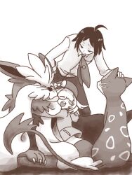  1boy 1girl ahoge bianca_(pokemon) cheren_(pokemon) closed_eyes collared_shirt commentary_request hat hug liepard looking_at_another mariemon necktie open_mouth petting pokemon pokemon_(creature) pokemon_black_2_and_white_2 shirt smile stoutland tongue tongue_out 