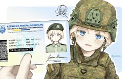  1girl 1other blonde_hair blue_eyes camouflage camouflage_helmet combat_helmet commentary_request digital_camouflage fast_helmet gruppe helmet highres holding id_card larissa_mariana_(gruppe) looking_at_viewer military military_combat_uniform military_uniform open_mouth original pov pov_hands ranguage short_hair signature simple_background solo_focus spanish_text squiggle sweat translated upper_body 