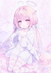  1girl :d @_@ ahoge bandaged_neck bandages bed_sheet birthday_cake blush bow cake camisole character_name collarbone cross curtains double-parted_bangs food fork_in_head frilled_camisole frills hair_bow hair_intakes halo hands_up heart heart-shaped_cake heart-shaped_food heart_ahoge heart_cushion highres indie_utaite indie_virtual_youtuber indoors jacket komachi_pochi lapels long_hair long_sleeves looking_at_viewer low_twintails momone_chinoi no_shoes notched_lapels object_through_head on_bed open_clothes open_jacket open_mouth pastel_colors pink_eyes pink_hair pink_thighhighs second-party_source sitting sleeves_past_fingers sleeves_past_wrists smile solo striped_clothes striped_thighhighs thigh-highs twintails very_long_hair wariza white_bow white_camisole white_halo zettai_ryouiki 