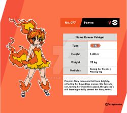  1girl animal_ears ankle_cuffs artist_name bare_shoulders blonde_hair brown_eyes character_profile deviantart_logo deviantart_username dress english_text fiery_hair fiery_tail fire height horse_ears multicolored_hair orange_background orange_hair personification pokedex_number pokemon pokemon_sword_and_shield ponyta ponytail solo strapless strapless_dress tail taruyamame venus_symbol watermark weight wrist_cuffs 