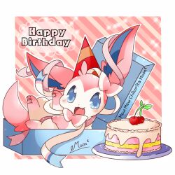  :d birthday blue_eyes blush box cake cherry commentary_request english_text fang food fruit gift happy happy_birthday hat looking_at_viewer mew_mew_chikorita_moon mixed-language_commentary no_humans open_mouth party_hat pokemon pokemon_(creature) ribbon signature smile solo striped_background sylveon 