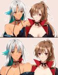  amazuki_jou azur_lane bikini bikini_top bodypaint cheek_pinching cheek_poking choker dark_skin dark-skinned_female earrings facial_mark feathers hair_feathers halterneck high_collar high_ponytail highres jacket jean_bart_(azur_lane) jewelry light_brown_hair massachusetts_(azur_lane) native_american pale_skin pinching poking red_eyes swimsuit white_hair yellow_eyes 