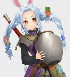  1girl animal_ear_fluff animal_ears bag bangs belt blush braid brown_belt bunny_tail carrot carrot_hair_ornament character_hair_ornament closed_mouth cosplay dragon_quest dragon_quest_xi dress food_themed_hair_ornament gotoh510 hair_ornament hero_(dq11) hero_(dq11)_(cosplay) holding hololive light_blue_hair long_hair long_sleeves looking_at_viewer messenger_bag orange_eyes parted_bangs paw_print purple_dress rabbit_ears short_eyebrows shoulder_bag signature slime_(dragon_quest) solo sword tail thick_eyebrows twin_braids urn usada_pekora virtual_youtuber weapon white_background 