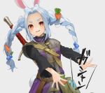  1girl animal_ear_fluff animal_ears bag bangs belt blush braid brown_belt bunny_tail carrot carrot_hair_ornament character_hair_ornament closed_mouth cosplay dragon_quest dragon_quest_xi dress food_themed_hair_ornament gotoh510 hair_ornament hero_(dq11) hero_(dq11)_(cosplay) hololive light_blue_hair long_hair long_sleeves looking_at_viewer messenger_bag orange_eyes parted_bangs parted_lips paw_print purple_dress rabbit_ears short_eyebrows shoulder_bag signature slime_(dragon_quest) smile solo sword tail thick_eyebrows twin_braids usada_pekora virtual_youtuber weapon white_background 