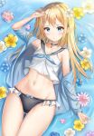  1girl black_panties blonde_hair blue_eyes breasts flower highres kitin long_hair looking_at_viewer medium_breasts midriff navel original panties sailor_collar solo underwear water water_surface 