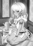  1girl bangs blush bread breasts cup demon_tail food greyscale looking_at_viewer m-da_s-tarou monochrome seiza short_hair sitting small_breasts tail teapot thighs 
