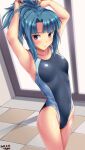  1girl alice_gear_aegis arms_behind_head artist_name black_swimsuit blue_hair breasts collarbone commentary_request cowboy_shot dated high_ponytail highres long_hair looking_at_viewer ponytail small_breasts solo swimsuit takanashi_rei tsuchimiya violet_eyes 