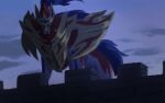  battlement closed_mouth clouds commentary_request from_below gen_8_pokemon highres legendary_pokemon looking_at_viewer no_humans one-hour_drawing_challenge outdoors pokemon pokemon_(creature) rend sky solo twilight zamazenta zamazenta_(crowned) 