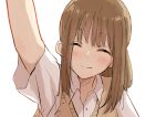  1girl ^_^ bangs betock brown_hair brown_vest buttons closed_eyes collared_shirt eyebrows_visible_through_hair highres long_hair looking_at_viewer original ponytail pov school_uniform shirt simple_background solo sweater_vest vest white_background white_shirt 