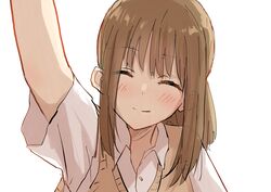  1girl ^_^ bangs betock brown_hair brown_vest buttons closed_eyes collared_shirt eyebrows_visible_through_hair highres long_hair looking_at_viewer original ponytail pov school_uniform shirt simple_background solo sweater_vest vest white_background white_shirt 