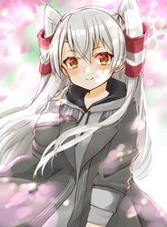  1girl amatsukaze_(kancolle) black_coat coat cocoperino cowboy_shot dress grey_dress hair_tubes hood hooded_coat hooded_dress hoodie kantai_collection long_hair official_alternate_costume orange_eyes silver_hair smile solo two_side_up windsock 