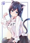  1girl alternate_costume alternate_sleeve_length animal_ears black_hair black_skirt blue_eyes cat_ears cat_tail clothes_writing hair_down hair_ornament hairclip highres kantai_collection kemonomimi_mode long_hair looking_at_viewer paw_print skirt solo souryuu_(kancolle) sweater tail taisho_(gumiyuki) white_background white_sweater 