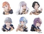  ... 2boys 5girls ahoge annette_fantine_dominic artist_name ashe_ubert bangs bernadetta_von_varley bird black_hair black_jacket blue_eyes blue_hair braid brown_hair commentary cropped_torso crown_braid edelgard_von_hresvelg fire_emblem fire_emblem:_three_houses garreg_mach_monastery_uniform gloves grey_eyes grin hair_over_one_eye hair_rings hand_up head_tilt highres hubert_von_vestra jacket long_hair looking_at_viewer lysithea_von_ordelia marianne_von_edmund moja_(moquackja) multiple_boys multiple_girls orange_hair pink_eyes purple_hair short_hair signature silver_hair simple_background smile spoken_ellipsis upper_body white_background white_gloves yellow_eyes 