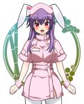  1girl animal_ears bamboo blush breasts eyebrows_visible_through_hair fang hat highres id_card large_breasts light_purple_hair long_hair looking_at_viewer nurse nurse_cap open_mouth purple_hair rabbit_ears red_eyes reisen_udongein_inaba solo touhou very_long_hair white_legwear yagami_(mukage) 