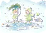  1boy 1girl blonde_hair blue_eyes boots child clover coat commentary dated flower frog_raincoat green_coat green_footwear hair_ornament hairclip holding holding_leaf horizontal_pupils kagamine_len kagamine_rin leaf leaf_umbrella lily_of_the_valley mushroom natsu_(nacheu2772) puddle rain raincoat rock short_hair shorts vocaloid white_shorts 