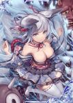  1girl akkijin animal_ears armpits bare_shoulders breasts fox_ears fox_girl fox_tail frilled_skirt frills ghost hair_ornament hitodama japanese_clothes looking_at_viewer medium_breasts multiple_tails official_art shinkai_no_valkyrie short_hair silver_hair skirt sky tail thigh-highs violet_eyes 