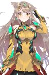  1girl adapted_costume alternate_color animal_ears breasts brown_hair cat_ears chest_jewel closed_mouth commentary_request earrings gem grey_hair headpiece highres jewelry kinagi_(3307377) long_hair looking_at_viewer medium_breasts mythra_(xenoblade) nia_(xenoblade) simple_background solo white_background xenoblade_chronicles_(series) xenoblade_chronicles_2 yellow_eyes 