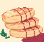  arinko_(a_ringo_hoppe) artist_name butter chocolate chocolate_syrup commentary_request food food_focus jpeg_artifacts leaf no_humans original pancake signature simple_background sketch still_life syrup twitter_username yellow_background 
