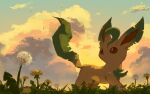 brown_eyes clouds commentary_request dandelion day flower from_below gen_4_pokemon grass highres leafeon looking_back no_humans one-hour_drawing_challenge outdoors pokemon pokemon_(creature) rend sky solo standing 
