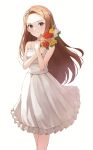  1girl amanoyui bare_arms bare_shoulders bouquet bow breasts brown_eyes brown_hair closed_mouth collarbone commentary_request dress flower forehead frilled_dress frills hairband highres holding holding_bouquet idolmaster idolmaster_(classic) idolmaster_million_live! idolmaster_million_live!_theater_days long_hair looking_at_viewer minase_iori pleated_dress red_flower red_rose rose simple_background sleeveless sleeveless_dress small_breasts smile solo very_long_hair white_background white_bow white_dress white_flower white_hairband yellow_flower yellow_rose 