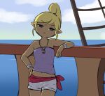  1girl alternate_costume blonde_hair breasts closed_mouth clouds dark_skin dark-skinned_female horizon jewelry looking_at_viewer necklace ocean pointy_ears short_hair shorts solo tetra the_legend_of_zelda the_legend_of_zelda:_the_wind_waker usushira 