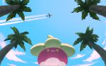  aircraft airplane bounsweet clouds commentary_request day from_below gen_7_pokemon highres no_humans one-hour_drawing_challenge outdoors palm_tree pokemon pokemon_(creature) rend sky smile solo tree yellow_eyes 