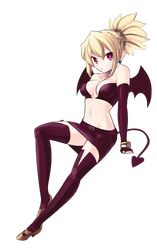  1girl absurdres bat_wings blonde_hair boa_(brianoa) breasts demon_girl detached_sleeves disgaea earrings highres jewelry looking_at_viewer makai_senki_disgaea_2 pointy_ears red_eyes rozalin short_hair simple_background skirt solo tail white_background wings 